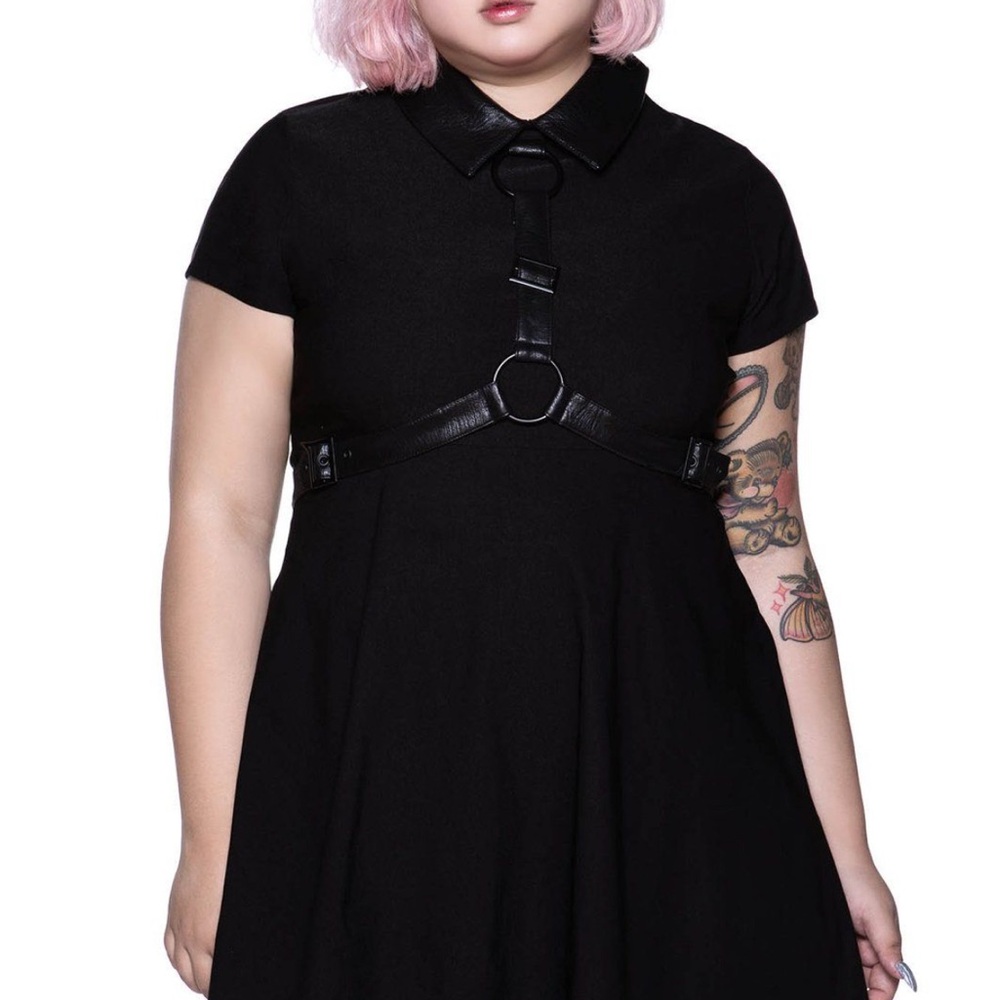 Killstar Disgrace Skater Dress - Black Gothic Dress with Faux Leather Harness